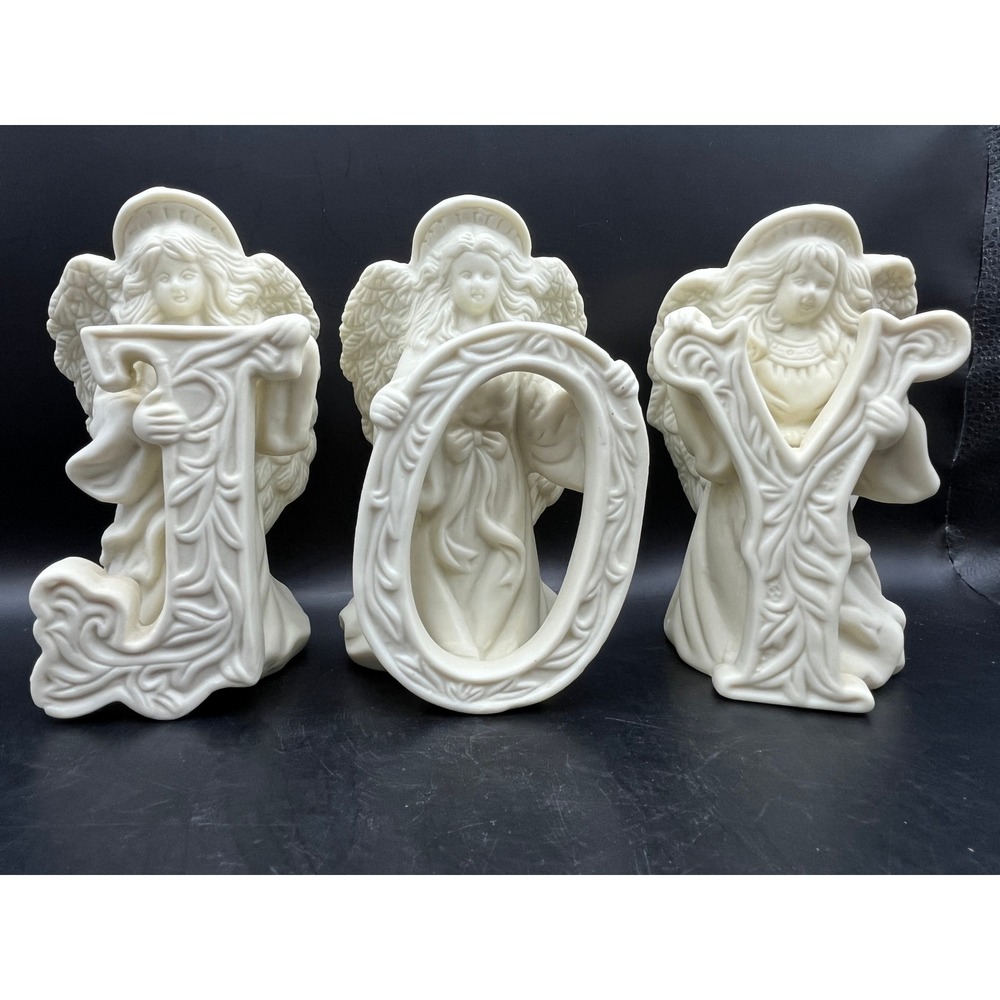 Vtg Bisque Ceramic Angel Figurines Holding Letters "JOY" Candle Holders 5" Tallโ